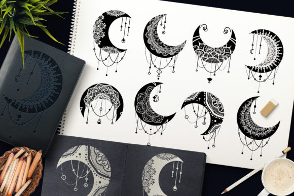 Mandalas Crescent Moon Clipart Set: Graphics for Decorative Elements