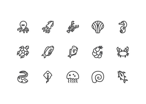 Seafood Icon Set Line Style: Graphics and Icons for Editorial Design