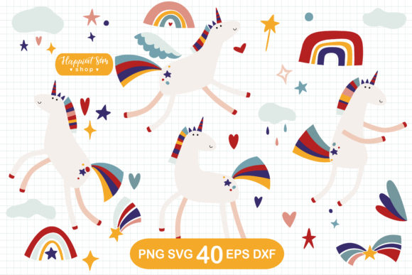 Unicorn and Rainbow Set: Graphics for Whimsical Decorative Elements